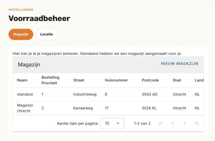 De lijst met magazijnen