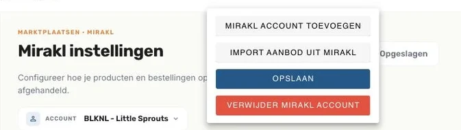 Het menu Opties van de Mirakl instellingen