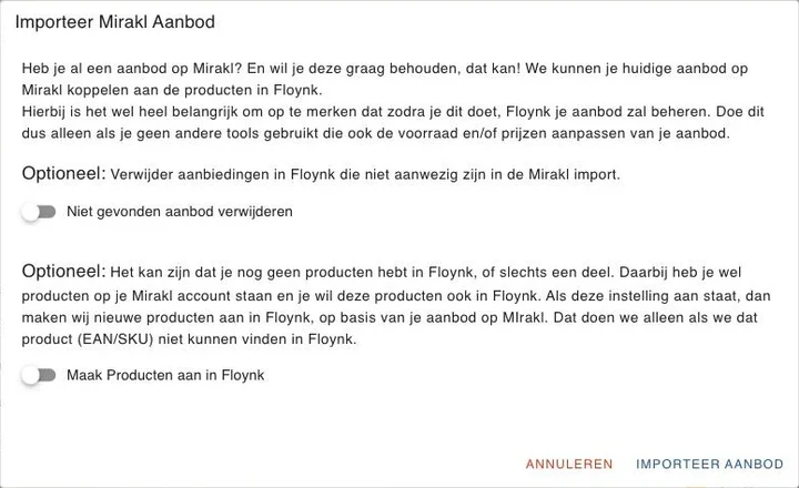 Het venster om aanbod uit Mirakl te importeren