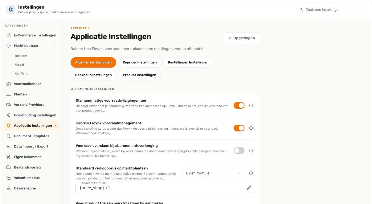 Het scherm Instellingen met de categorieën links