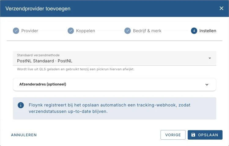 Standaard verzendmethode en afzenderadres